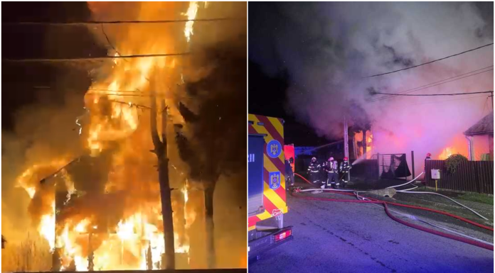 Incendiu puternic în Mureș: o casă arde generalizat. Flăcările s-au extins și la o altă locuință