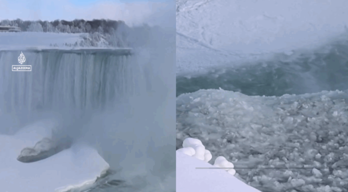 VIDEO. Turiștii din toată lumea călătoresc în condiții geroase pentru a admira cum a înghețat Cascada Niagara