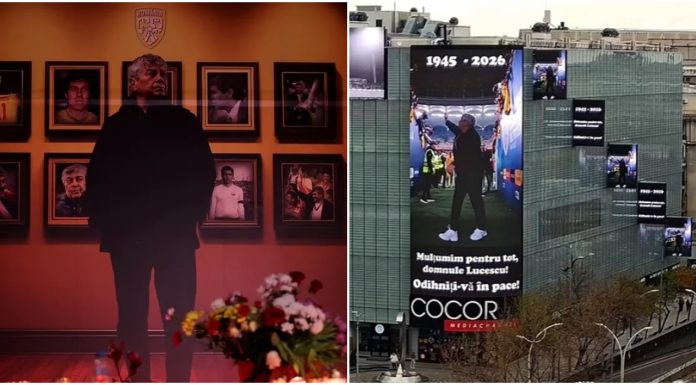 Mircea Lucescu, omagiat de FRF în centrul Capitalei. Imagini proiectate pe ecranele magazinului Cocor