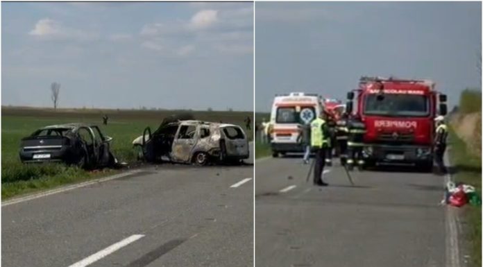 Tragedie în Timiș. O femeie a murit, după ce mașina în care se afla a explodat, în urma unui accident
