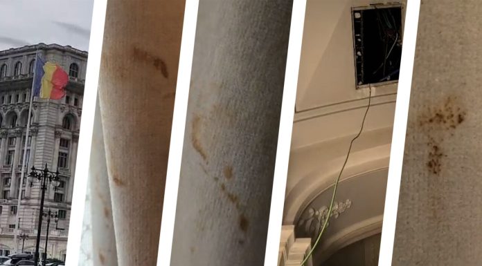 După ziduri sparte şi perdele murdare, Palatul Parlamentului mai surprinde o dată: Draperiile de la grupul liberalilor din Parlament sunt mânjite de sus până jos. Gândul publică imaginile