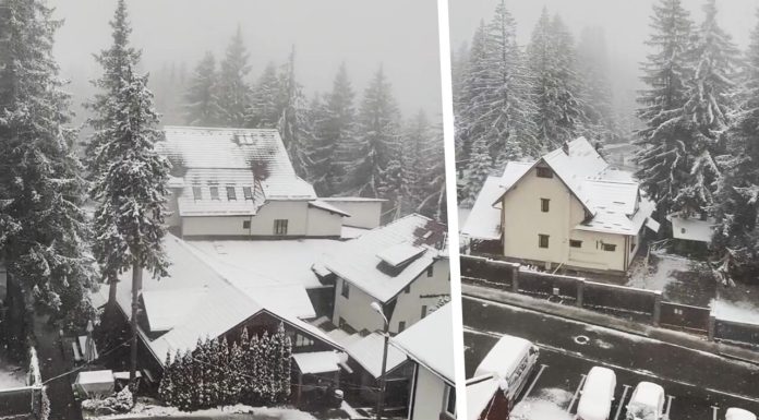 Dimineață cu zăpadă pe 30 de aprilie, într-un oraș din România. Imagini cu peisajul de iarnă de la mijlocul primăverii