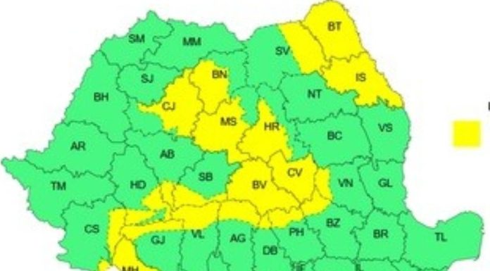 Cod galben de vânt în mai multe zone din Transilvania, Oltenia și Moldova. Harta județelor vizate