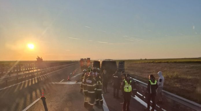 Incendiu pe autostrada A1, în apropiere de Pecica. O autoutilitară a ars în această dimineață
