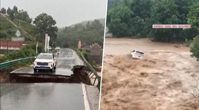 Martorii surprind momentul în care o mașină cade în râu după prăbușirea unui pod în China pe durata inundațiilor locale