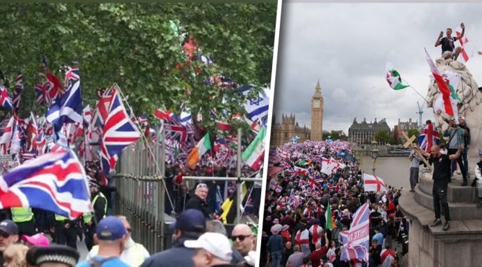 Tensiuni la Londra: zeci de mii de naționaliști cu steagurile Uniunii și activiștii pro-Palestina protestează separat. Poliția a intervenit în forță