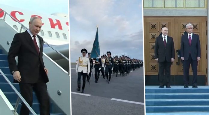 Putin a avut parte de o ceremonie specială la sosirea în Astana. Avioanele de vânătoare din Kazahstan l-au escortat pe tot parcursul drumului