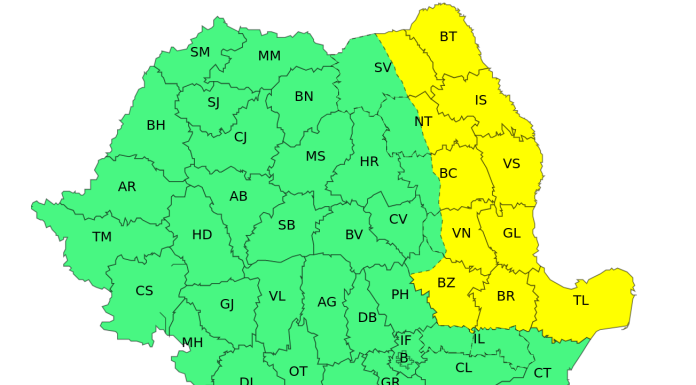Ploi torenţiale, descărcări electrice, grindină şi vânt puternic în estul ţării, de marţi până sâmbătă/ În Moldova, nordul Dobrogei, estul şi nord-estul Munteniei, Cod galben de intensificări ale vântului