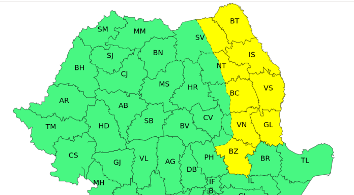 ANM: Instabilitate atmosferică, averse şi intensificări ale vântului vineri şi sâmbătă în sudul, estul şi centrul ţării/ Cod galben de vânt în Moldova, Dobrogea şi estul şi nord-estul Munteniei