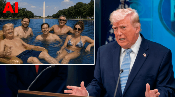 Trump a distribuit o imagine generată cu AI în care se relaxează cu membrii Cabinetului în bazinul Memorialului Lincoln