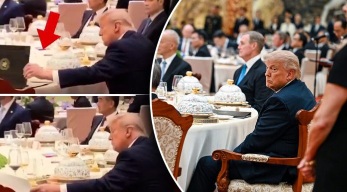 Moment viral la banchetul organizat de Xi Jinping. După ce președintele chinez a plecat de la masă, Trump a tras cu ochiul la o mapă din apropierea sa