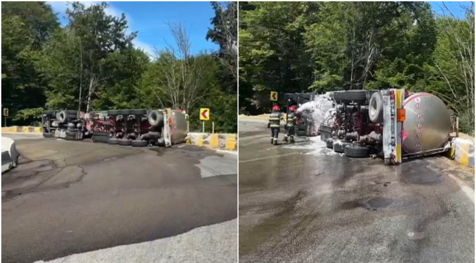 Pericol pe DN7: cisternă cu 31 de tone de benzină s-a răsturnat în Argeș. Trafic blocat pe ambele sensuri, șoferul a ajuns la spital