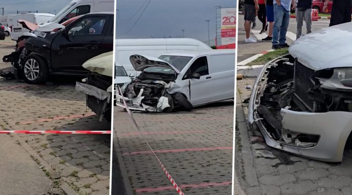 Carambol în parcarea complexului Dragonul Roșu. O șoferiță asiatică a lovit 11 mașini și a trimis doi oameni la spital