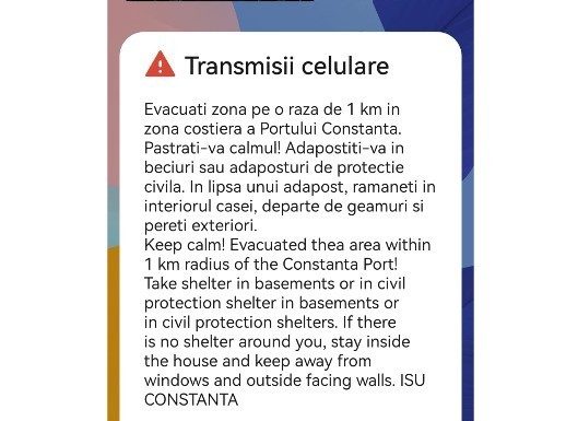 Mesaje RO-ALERT trimise la o oră după explozia dronei maritime în Portul Constanța