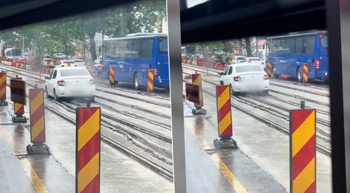 Un bucureștean grăbit a rămas cu Loganul „înfipt” în betonul proaspăt turnat, chiar pe linia de tramvai. Imagini virale