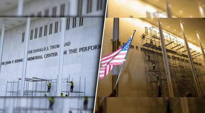 Imagini cu momentul când numele lui Donald Trump a fost îndepărtat de pe clădirea Kennedy Center, chiar înainte de ziua de naștere a președintelui