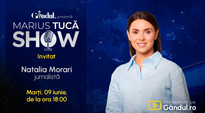 Marius Tucă Show începe marți, 9 iunie, de la ora 18.00, live pe Gândul. Invitat: Natalia Morari